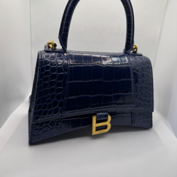 BALENCIAGA Hourglass Small Shiny Croc Bag in Dark Blue - Picture 3 of 8